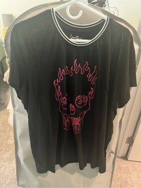 Lovesick Black Tee with Pink Flaming Skull Graphic
